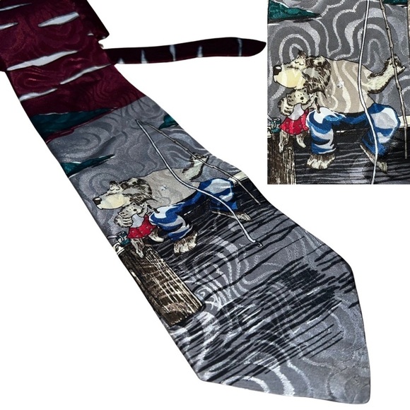 SpecialTies by Hallmark “Gone Fishing” Bear and Cat Necktie 56” x 4” - Picture 1 of 9